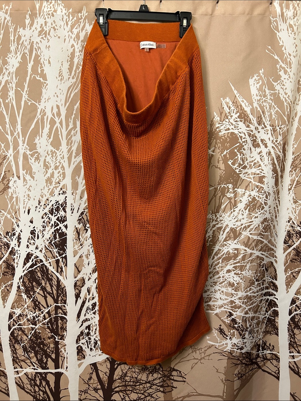 Calvin Klein Burnt Orange Knit Lined Midi Skirt - Large